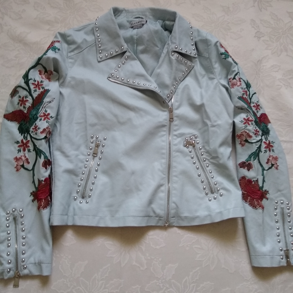 Hp Studded Floral Embroidered Moto Biker Faux Leather Jacket